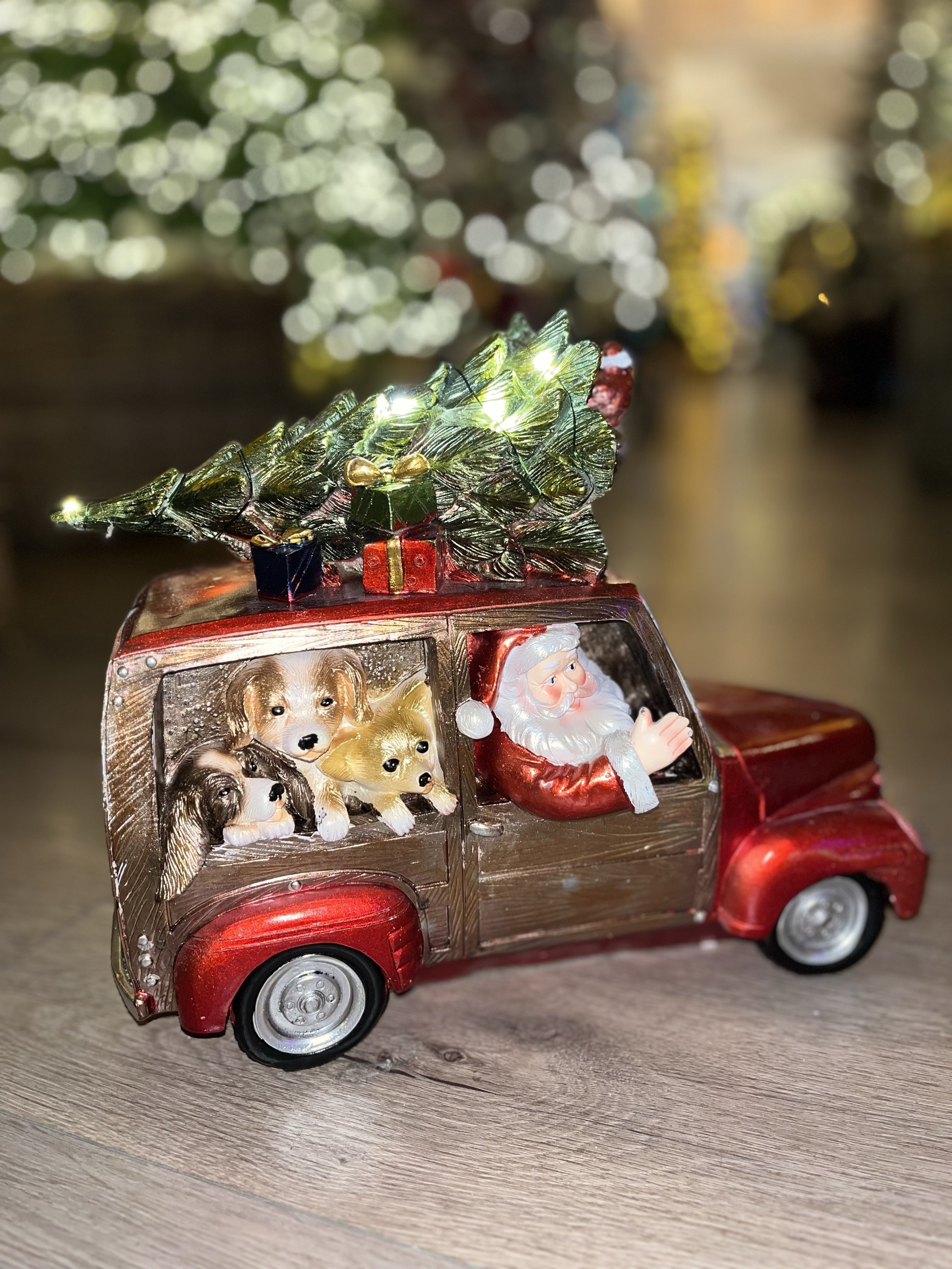 Santa in Shiny Red Car with Dogs