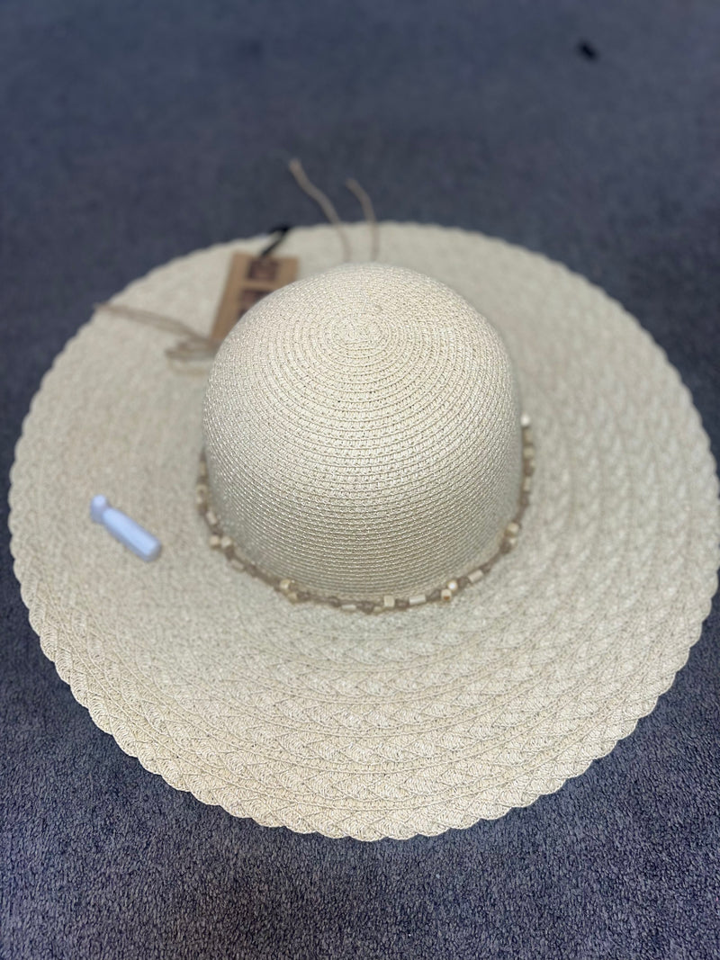 Summer Hat Foldable Wide Brim with Beads- Cream