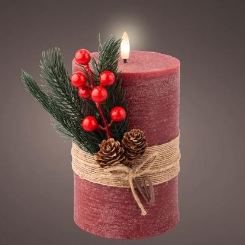 LED Oxblood Candle With Berries