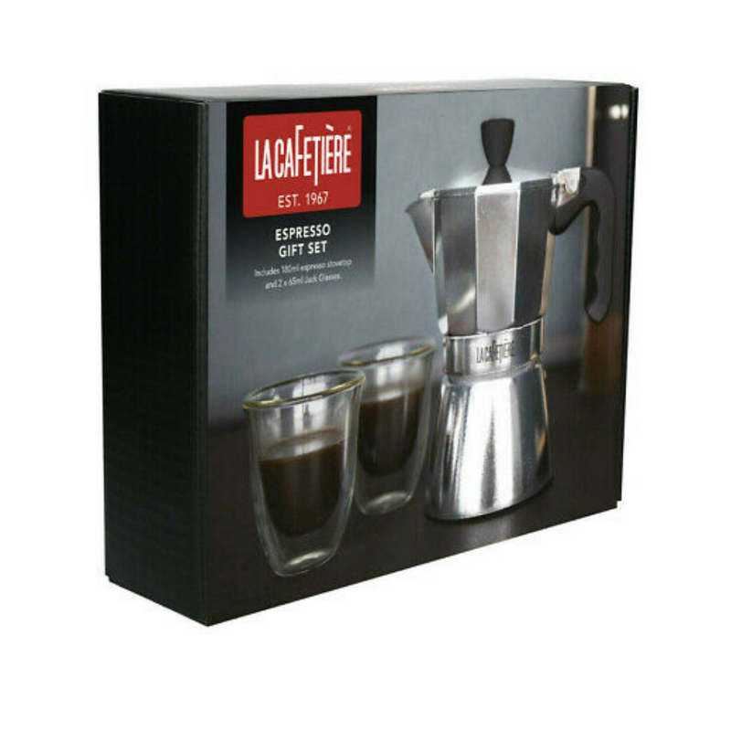 La Cafetière Coffee Gift Set with Mini Stovetop Espresso Maker and 2 Double-Wall Espresso Glasses