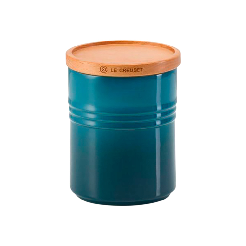 Stoneware Medium Storage Jar with Wooden Lid, Deep Teal