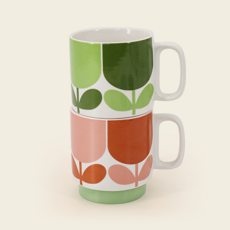 Block Flower Set of 2 Mugs, Tomato/ Fern