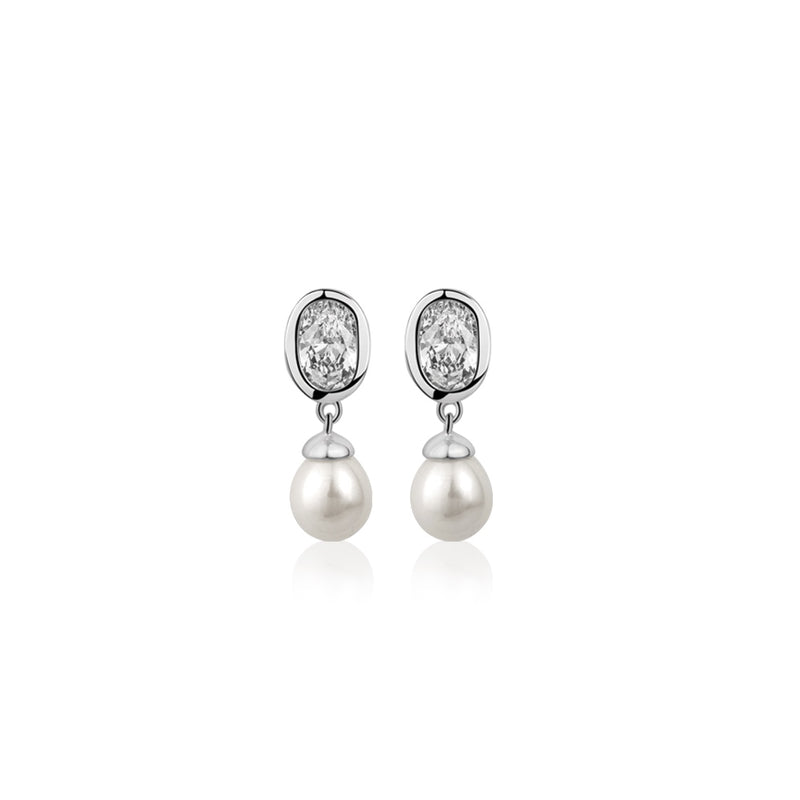 Pearl Drop Earrings with Clear Stones