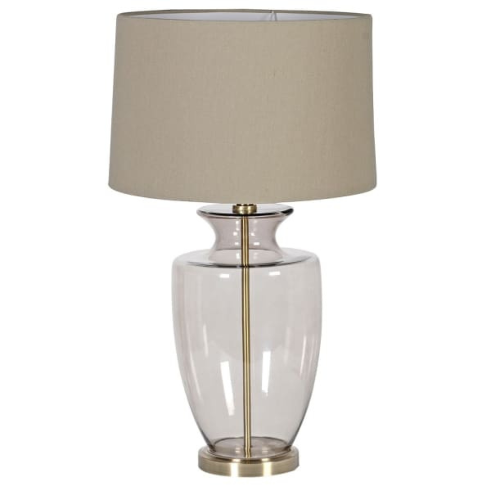 Shaped Smoked Glass Table Lamp with Linen Shade