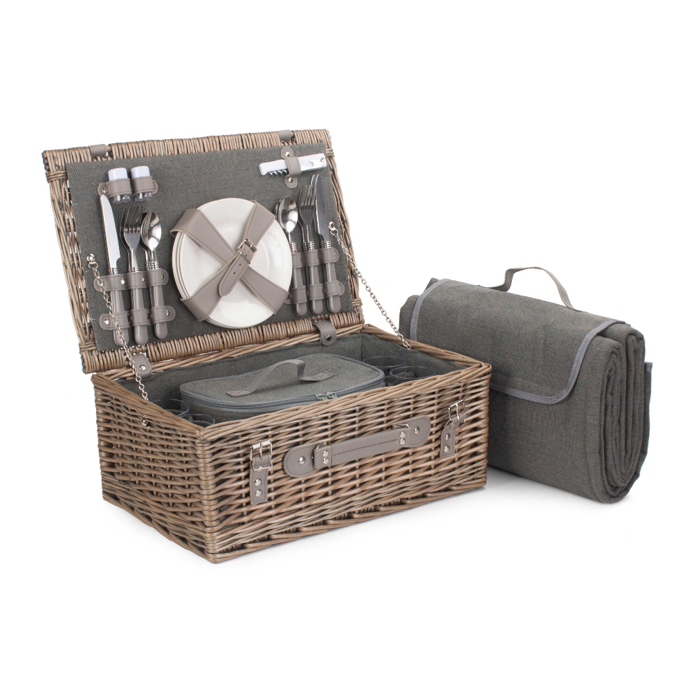 4 person grey tweed picnic basket