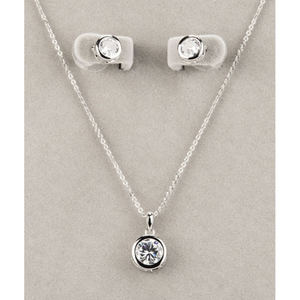 Silver Large White Stone Necklace & Earring Set
