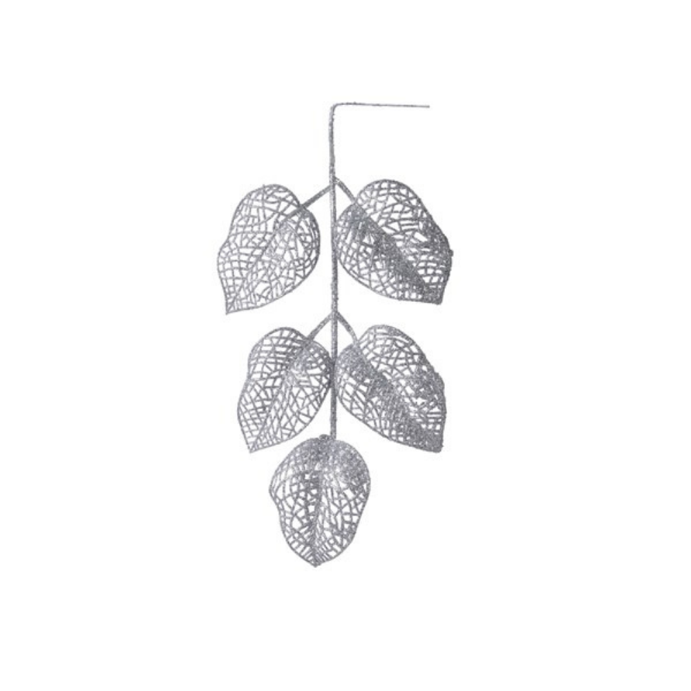 Glitter Leaf Stem, Silver- Pack of 10