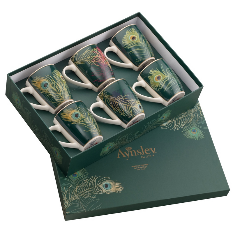 Aynsley Peacock Feather Mugs Set of 6 in Hat Box