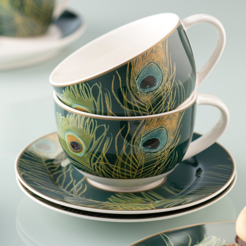 Aynsley Peacock Feather Cappuccino Cup & Saucer