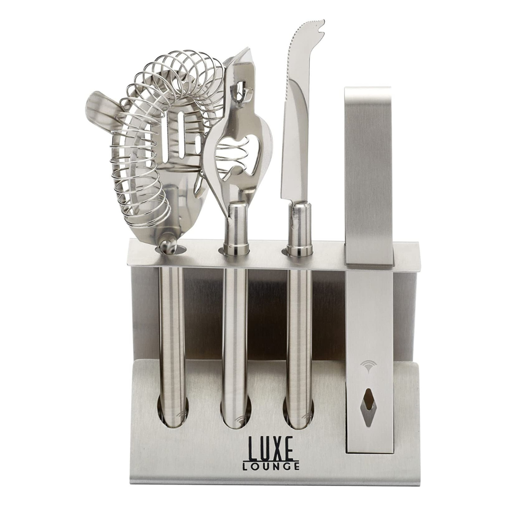 Cocktail Tool Kit with Stand and Printed Recipes (5-Piece Gift Set)