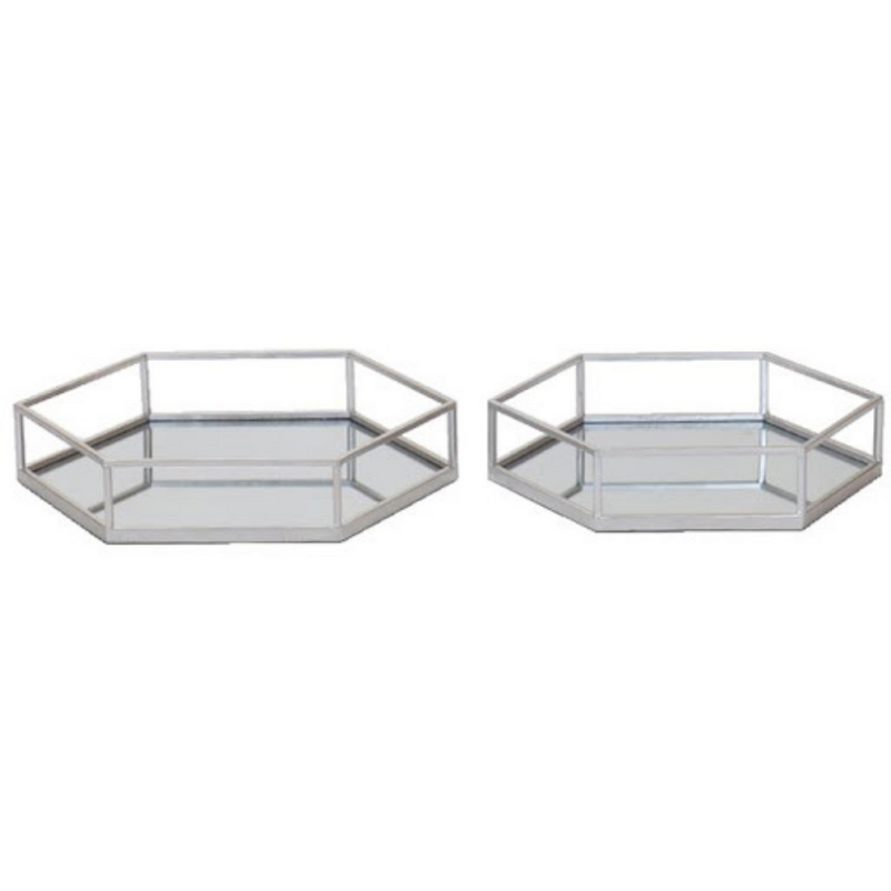 Silver Detailed Mirrored Hexagonal Trays - Small/ Large
