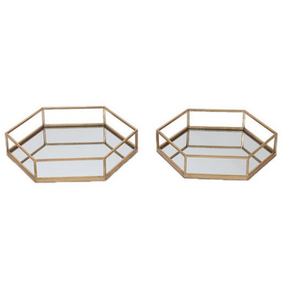 Gold Detailed Mirrored Hexagonal Trays - Small/ Large