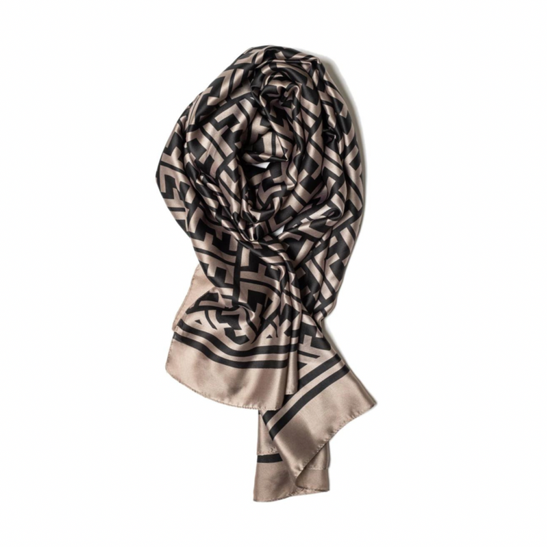 Taupe & Black Geometric Polyester Scarf